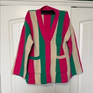 Striped Cardigan Sweater - Pink, Green, and Cream